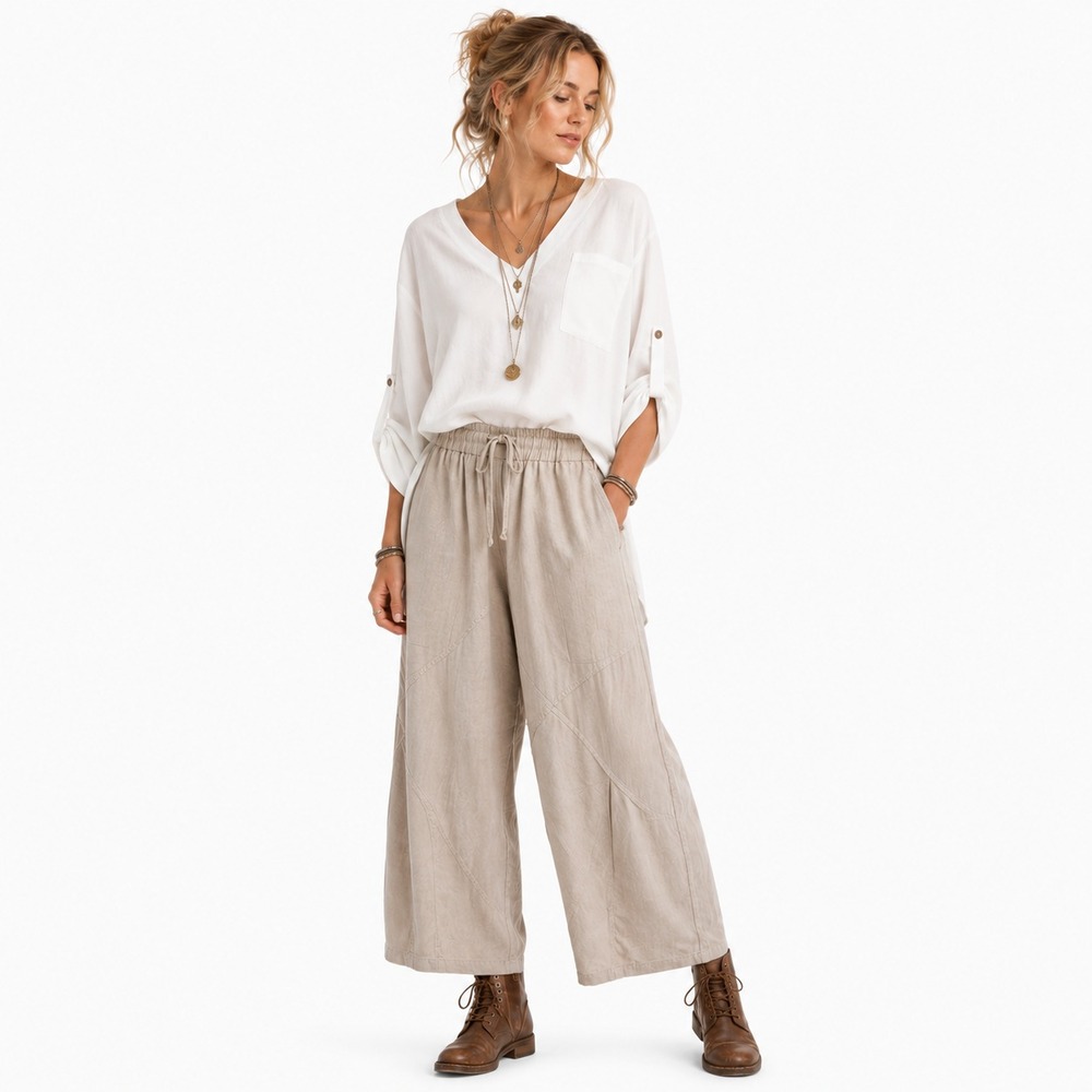 Emelia Blouse Womens L White V Neck High Low Roll Tab Sleeve Lagenlook